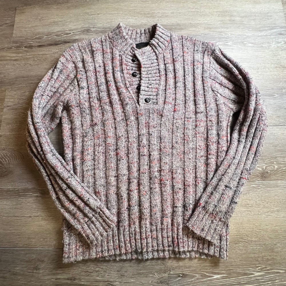 Sears Henley Sweater Mens M Gray Ribbed Knit Vintage Orlon Mock Neck 70s 80s